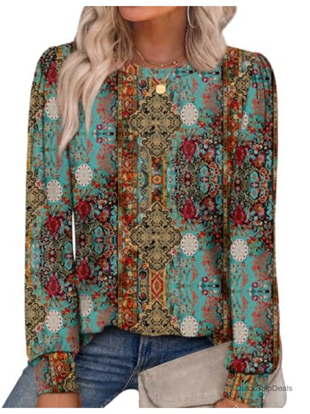 Womens Long Sleeve Tunic Top Crewneck Floral Print Casual Fall Blouse
